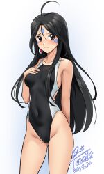Rule 34 | 1girl, aa megami-sama, ahoge, artist name, black hair, black one-piece swimsuit, breasts, brown eyes, competition swimsuit, covered navel, dated, facial mark, forehead mark, groin, hair between eyes, highleg, highleg swimsuit, highres, long hair, one-piece swimsuit, signature, skuld (aa megami-sama), small breasts, solo, swimsuit, two-tone swimsuit, white background, yoo tenchi