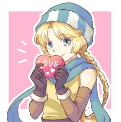 Rule 34 | 1girl, blonde hair, blue eyes, blue hat, blue scarf, border, box, braid, braided ponytail, closed mouth, fire emblem, fire emblem: genealogy of the holy war, gloves, hat, heart-shaped box, holding, holding box, long hair, nintendo, outline, outside border, patty (fire emblem), pink background, scarf, smile, solo, usachu now, white border, white outline