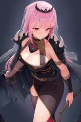 Rule 34 | 1girl, absurdres, black cape, black dress, blush, breasts, cape, cleavage, dress, highres, holding, holding scythe, hololive, hololive english, large breasts, long hair, looking at viewer, mori calliope, mori calliope (1st costume), pink eyes, pink hair, scythe, solo, spikes, tiara, veil, vii22581034, virtual youtuber