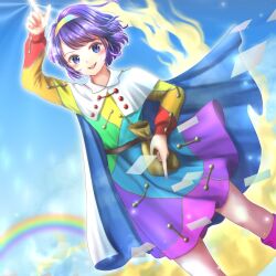 Rule 34 | 1girl, blue cape, blue eyes, blue hair, cape, dress, dutch angle, hairband, hand up, highres, kyabekko, looking at viewer, multicolored clothes, multicolored dress, multicolored hairband, pointing, rainbow, short hair, smile, solo, tenkyuu chimata, touhou, white cape