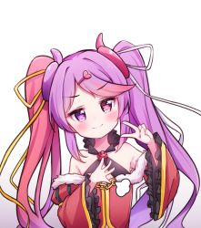 Rule 34 | 1girl, blush, broken heart, chain, closed mouth, dress, frilled sleeves, frills, fur-trimmed dress, fur trim, gradient background, grey background, hair ornament, hair ribbon, hairclip, halterneck, hands up, head tilt, heart, heart hair ornament, heterochromia, highres, long hair, long sleeves, looking at viewer, misaki (princess connect!), multicolored hair, off-shoulder dress, off shoulder, parted bangs, princess connect!, purple eyes, purple hair, red dress, red eyes, red hair, ribbon, setmen, simple background, smile, solo, split mouth, streaked hair, twintails, two-tone hair, upper body, v, very long hair, white background, white ribbon, wide sleeves, yellow ribbon