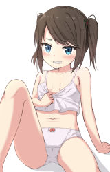 Rule 34 | 1girl, absurdres, bare arms, bare legs, bare shoulders, black hair, blue eyes, blush, bow, bow panties, breasts, camisole, camisole pull, clenched teeth, clothes pull, collarbone, commentary request, feet out of frame, highres, looking at viewer, navel, original, panties, pulling own clothes, sidelocks, small breasts, solo, swept bangs, takasuma hiro, teeth, twintails, underwear, underwear only, white camisole, white panties