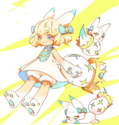 Rule 34 | 1girl, :3, animal ears, animal hands, blonde hair, bloomers, blue bow, bow, bright pupils, child, creature and personification, crown, dress, fermium.ice, full body, hair bow, highres, looking back, looking to the side, multicolored eyes, open mouth, pawpads, personification, short hair, tail, tail crown, tama (woff), underwear, white dress, world of final fantasy