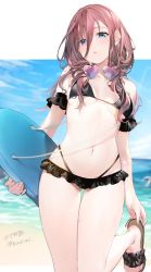 Rule 34 | 1girl, armlet, bare arms, bare shoulders, bikini, bikini skirt, black bikini, black footwear, black skirt, blue eyes, blue sky, blush, breasts, brown hair, cleavage, closed mouth, cloud, collarbone, commentary, day, frilled skirt, frills, go-toubun no hanayome, hair between eyes, heart, heart-shaped eyewear, highres, leg up, long hair, looking at viewer, medium breasts, nakano miku, navel, open mouth, sandals, signature, skirt, sky, smile, solo, standing, standing on one leg, stomach, swimsuit, umibouzu (niito), water