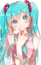 Rule 34 | 1girl, aqua eyes, aqua hair, aqua nails, aqua necktie, bare shoulders, black sleeves, commentary, detached sleeves, grey shirt, hair ornament, hatsune miku, headphones, headset, long hair, looking at viewer, nail polish, necktie, shirt, sleeveless, sleeveless shirt, smile, solo, twintails, upper body, v, v over mouth, very long hair, vocaloid, white background, yomigi
