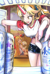 Rule 34 | 2girls, absurdres, asahi breweries, beer can, can, casual, drink can, fang, hand fan, highres, holding, holding can, holding fan, horns, hoshiguma yuugi, hot, ibuki suika, midriff, multiple girls, oni, perspective, ponytail, reaching, refrigerator, sapporo beer, shirt, short shorts, shorts, single horn, touhou, user ganc4473