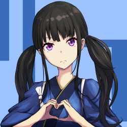 Rule 34 | 1boy, black hair, blue kimono, closed mouth, hands up, highres, inoue takina, japanese clothes, karan koron100, kimono, long hair, looking at viewer, lycoris recoil, purple eyes, sleeves rolled up, solo, twintails, upper body
