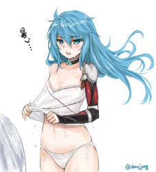 Rule 34 | 1girl, ahoge, alternate hair length, alternate hairstyle, armor, artist name, blouse, blue hair, blush, breasts, choker, closers, clothes lift, clothes pull, collarbone, cowboy shot, electric fan, embarrassed, eyebrows, floating hair, from side, gender request, genderswap, hair between eyes, hot, lifted by self, long hair, looking at viewer, motion blur, nata (closers), navel, no bra, no pants, open mouth, panties, pauldrons, see-through, shaojiang, shirt, shirt lift, shirt tug, shoulder armor, shoulder pads, simple background, small breasts, solo, standing, stomach, sweatdrop, text focus, translation request, underwear, v-neck, walking, white background, white panties, white shirt, wind