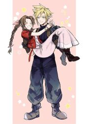 Rule 34 | 1boy, 1girl, 22j 10, aerith gainsborough, armor, arms around neck, baggy pants, bangle, blonde hair, blue eyes, blue pants, blue shirt, blush, boots, bracelet, braid, braided ponytail, brown gloves, brown hair, carrying, closed eyes, closed mouth, cloud strife, couple, cropped jacket, dress, final fantasy, final fantasy vii, final fantasy vii rebirth, final fantasy vii remake, flower, full body, gloves, hair ribbon, hetero, jacket, jewelry, long dress, long hair, looking at another, open mouth, pants, parted bangs, pillarboxed, pink background, pink dress, pink ribbon, princess carry, red jacket, ribbon, shirt, short hair, short sleeves, shoulder armor, sidelocks, single bare shoulder, single braid, single shoulder pad, sleeveless, sleeveless turtleneck, smile, spiked hair, suspenders, turtleneck