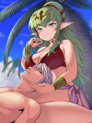 Rule 34 | 1boy, 1girl, absurdres, bikini, blade ride, blue sky, breasts, cloud, commentary request, day, fire emblem, fire emblem awakening, green eyes, green hair, grey hair, hair ornament, hair ribbon, hetero, highres, lap pillow, large breasts, long hair, nintendo, outdoors, palm tree, pink sarong, pointy ears, ponytail, red bikini, red ribbon, ribbon, robin (fire emblem), robin (male) (fire emblem), sky, smile, swimsuit, tiki (adult) (fire emblem), tiki (adult) (summer) (fire emblem), tiki (fire emblem), tree, very long hair