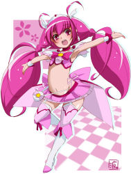 Rule 34 | 10s, 1girl, :d, adapted costume, boots, bow, choker, cure happy, earrings, hair ornament, hoshizora miyuki, jewelry, knee boots, long hair, magical girl, midriff, namisawa, navel, open mouth, outstretched arms, pink bow, pink eyes, pink hair, pink skirt, pink theme, precure, skirt, smile, smile precure!, solo, spread arms, tiara, twintails, very long hair