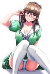 Rule 34 | 1girl, alternate costume, arm up, black ribbon, blue eyes, blue panties, blush, breasts, brown hair, cleavage, closed mouth, collarbone, commentary request, crotch seam, dead or alive, dead or alive 6, dress, glasses, green dress, hair ornament, hair ribbon, hand in own hair, hiroyama (hpzg5374), hitomi (doa), knees up, long hair, looking at viewer, medium breasts, panties, pantyshot, puffy sleeves, red-framed eyewear, ribbon, sailor collar, shadow, short sleeves, sidelocks, sitting, smile, solo, standing, thighhighs, underwear, white background, white sailor collar, white thighhighs