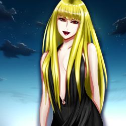 Rule 34 | 1girl, ari-che, arms behind back, black dress, blonde hair, breasts, center opening, dress, evangeline a.k. mcdowell (adult), evangeline a.k. mcdowell, eyebrows, eyelashes, head tilt, lips, lipstick, long hair, mahou sensei negima!, makeup, navel, night, night sky, aged up, parted lips, red eyes, sideboob, sky, solo