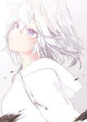 Rule 34 | 1girl, absurdres, animal ear fluff, animal ears, commentary request, dated, drawstring, gradient background, grey background, hair between eyes, highres, hood, hood down, hoodie, looking away, mayogii, original, parted lips, purple eyes, signature, solo, upper body, white background, white hair, white hoodie