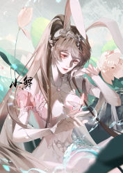 Rule 34 | 1girl, animal ears, brown hair, collar, detached sleeves, douluo dalu, flower, hair ornament, hand on own chin, hand up, highres, looking down, metal collar, open mouth, ponytail, popov, rabbit ears, second-party source, solo, splashing, upper body, water, xiao wu (douluo dalu)
