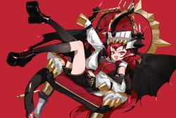 Rule 34 | + +, 1girl, arm up, bare shoulders, belt, black footwear, black hair, black horns, black tail, black thighhighs, black wings, bow, chair, choker, demon girl, demon horns, demon tail, demon wings, dutch angle, earrings, fangs, hat, highres, horns, horns through headwear, jewelry, long hair, mole, mole on arm, multicolored hair, navel, necktie, open mouth, original, orihira, pointy ears, red background, red bow, red eyes, red hair, red necktie, simple background, sitting, sleeves past fingers, sleeves past wrists, smile, solo, studded belt, symbol-shaped pupils, tail, thighhighs, throne, very long hair, white hat, wings