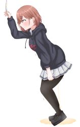 Rule 34 | 1girl, absurdres, arm at side, arm up, black footwear, black hoodie, black sweater, blush, breasts, brown hair, collared shirt, cross-laced footwear, drawstring, embarrassed, female focus, from side, full body, hair ornament, hairclip, have to pee, heel up, highres, higuchi madoka, hood, hood down, hoodie, idolmaster, idolmaster shiny colors, leaning forward, legs together, long sleeves, luijicase, miniskirt, mole, mole under eye, open mouth, peeing, peeing self, plaid, plaid skirt, pleated skirt, profile, puddle, purple eyes, school uniform, shirt, shoes, short hair, sidelocks, simple background, skirt, skirt tug, small breasts, solo, standing, steam, sweat, sweater, tears, trembling, v-shaped eyebrows, wet, wet clothes, white background, white shirt, white skirt, zipper