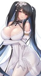 Rule 34 | 1girl, absurdres, azur lane, black bow, black bowtie, black hair, bow, bowtie, breast hold, breasts, cleavage, detached collar, dress, elbow gloves, gloves, highres, large breasts, long hair, looking at viewer, official alternate costume, open mouth, peter strasser (a moment frozen in pure white) (azur lane), peter strasser (azur lane), red eyes, rikiddo (tise 00), simple background, smile, solo, twintails, white background, white dress, white gloves