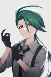 Rule 34 | 1girl, adjusting clothes, adjusting gloves, black gloves, black necktie, bright pupils, closed mouth, collared shirt, commentary request, creatures (company), earrings, eyelashes, game freak, gloves, green hair, grey shirt, highres, jewelry, long hair, namiura, necktie, nintendo, pokemon, pokemon sv, ponytail, red eyes, rika (pokemon), shirt, solo, suspenders, upper body, white pupils
