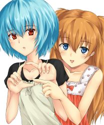 Rule 34 | 2girls, ayanami rei, blue eyes, blue hair, bow, breasts, brown hair, cleavage, collarbone, eyebrows, hair between eyes, highres, long hair, looking at viewer, medium breasts, minami machi, multiple girls, neon genesis evangelion, open mouth, red bow, red eyes, short hair, simple background, souryuu asuka langley, transparent background, upper body, white background