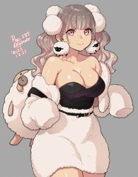Rule 34 | 1girl, agawa ryou, animal costume, bare shoulders, belt, blunt bangs, breasts, brown hair, cleavage, closed mouth, collarbone, commentary, cowboy shot, dated, english commentary, grey background, hair ornament, high-waist skirt, large breasts, legs together, long hair, looking at viewer, multicolored hair, off shoulder, original, pom pom (clothes), pom pom hair ornament, red eyes, sheep, sheep costume, sheep earrings, shiny skin, signature, simple background, skirt, sleeves past wrists, solo, split mouth, streaked hair, thick eyebrows, thighs, wavy hair