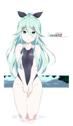 Rule 34 | 1girl, aqua eyes, aqua hair, bare arms, bare legs, bare shoulders, black ribbon, character name, closed mouth, clothes writing, collarbone, commission, competition swimsuit, groin, hair between eyes, hair ribbon, kantai collection, long hair, looking at viewer, one-piece swimsuit, partially submerged, ponytail, ribbon, shigino sohuzi, skeb commission, solo, swimsuit, white background, yamakaze (kancolle)