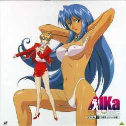 Rule 34 | 1990s (style), 2girls, absurdres, agent aika, aika (series), armpits, arms behind head, arms up, ascot, bare arms, bare legs, bare shoulders, bikini, blonde hair, blue eyes, blue hair, breasts, brooch, cleavage, collared shirt, copyright name, covered erect nipples, cowboy shot, dark-skinned female, dark skin, detached collar, dual persona, folded ponytail, full body, green eyes, high heels, highres, jacket, jewelry, large breasts, lipstick, logo, long hair, long sleeves, looking at viewer, makeup, medium breasts, miniskirt, multiple girls, navel, official art, panties, panty peek, pencil skirt, ponytail, red footwear, red jacket, red lips, red skirt, retro artstyle, scan, shirt, shivie aika, shoes, short hair, simple background, skin tight, skirt, smile, standing, sumeragi aika, swimsuit, tan, thighs, torn clothes, torn skirt, transformation, ultranite, ultranite form, underboob, underwear, white background, white bikini, white panties, white shirt, yamauchi noriyasu, yellow ascot