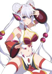 Rule 34 | 1girl, alternate costume, blush, breasts, cleavage, commentary request, covered erect nipples, detached sleeves, headphones, jewelry, large breasts, light purple hair, long hair, navel, open mouth, purple eyes, purple hair, ring, senki zesshou symphogear, senki zesshou symphogear xd unlimited, solo, symphogear pendant, thighhighs, tsukamoto kensuke, twintails, very long hair, yukine chris