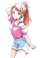 1girl brown_hair commentary high_ponytail highres hijiri_ageha hirogaru_sky!_precure looking_at_viewer pink_shirt precure purple_eyes shirt simple_background smile uraki white_background