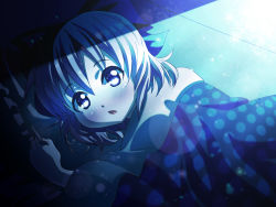 Rule 34 | 1girl, blue eyes, blue hair, blurry, blush, bokeh, bow, cirno, depth of field, futon, hair bow, looking at viewer, matching hair/eyes, moonlight, open mouth, pillow, silver hair, solo, touhou, under covers, volcano (liao)
