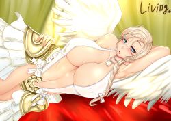 Rule 34 | 1girl, absurdres, angel wings, arm behind head, armpits, bed, blonde hair, blue eyes, blush, braid, breasts, collar, curvy, female focus, highres, huge breasts, jewelry, lock, long hair, looking at viewer, lying, mabinogi, mabinogi heroes, navel, necklace, on side, one-piece swimsuit, open mouth, ribbon, slingshot swimsuit, solo, swimsuit, thighs, white one-piece swimsuit, white wings, wide hips, window, wings, wirberlwind