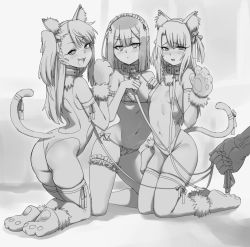 Rule 34 | 1boy, 3girls, animal ear fluff, animal ears, animal hands, bell, bikini, blush, breasts, cat ears, cat tail, center opening, chloe von einzbern, collar, embarrassed, fake animal ears, fake tail, fang, fate/kaleid liner prisma illya, fate (series), gloves, greyscale, hair bell, hair ornament, heart, heart-shaped pupils, highres, holding, holding leash, illyasviel von einzbern, karmaniac, kneeling, leash, leotard, long hair, maid, maid bikini, maid headdress, medium hair, micro bikini, midriff, miyu edelfelt, monochrome, multiple girls, naughty face, navel, parted bangs, paw gloves, paw pose, paw shoes, pet play, side ponytail, small breasts, smug, stomach, swimsuit, symbol-shaped pupils, tail, tearing up, thighhighs, unconventional maid