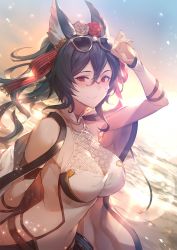 Rule 34 | 1girl, animal ears, armband, backlighting, bare shoulders, black hair, blush, breasts, cape, cleavage, closed mouth, detached sleeves, ear piercing, erune, eyewear on head, granblue fantasy, hair between eyes, hair ribbon, halterneck, highres, ilsa (granblue fantasy), kakage, large breasts, lens flare, long hair, looking at viewer, one-piece swimsuit, piercing, ponytail, red eyes, red ribbon, ribbon, smile, solo, sunglasses, sunlight, swimsuit, white one-piece swimsuit