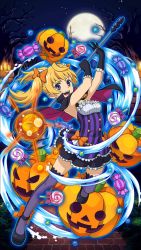 Rule 34 | 10s, 1girl, :d, arms up, black gloves, black skirt, blonde hair, bow, capelet, floating hair, frilled gloves, frilled shirt, frilled skirt, frills, full body, full moon, gloves, hair bow, halloween, halloween costume, highres, jack-o&#039;-lantern, long hair, looking at viewer, miniskirt, moon, night, open mouth, orange bow, outdoors, owari no seraph, pumpkin, purple eyes, purple thighhighs, sanguu mitsuba, shirt, skirt, sleeveless, smile, solo, thighhighs, tree, twintails