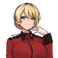 Rule 34 | 1girl, blonde hair, blue eyes, braid, closed mouth, commentary, darjeeling (girls und panzer), epaulettes, girls und panzer, gloves, highres, jacket, kimi tsuru, long sleeves, looking at viewer, military, military uniform, portrait, red jacket, short hair, simple background, smile, solo, st. gloriana&#039;s military uniform, twin braids, twitter username, uniform, white background, white gloves