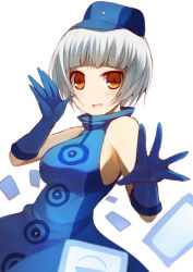 Rule 34 | 1girl, atlus, blue dress, breasts, dress, elevator operator, elizabeth (persona), gloves, hat, kujiran, open mouth, persona, persona 3, short hair, sideboob, smile, solo, white hair, yellow eyes