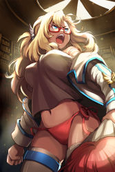 Rule 34 | 1girl, angry, badge, blonde hair, blue eyes, breasts, clenched hand, glasses, jacket, large breasts, long hair, midriff, navel, open mouth, panties, quartermaster knight, red-framed eyewear, red hair, shirt, side-tie panties, solo, sword girls, thighhighs, underwear, vernika answer, wooni