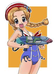 Rule 34 | 1girl, :d, alternate hairstyle, blue eyes, blue one-piece swimsuit, border, braid, commentary, cowboy shot, dixie cup hat, emblem, girls und panzer, girls und panzer senshadou daisakusen!, hair down, hair tie, hat, headband, holding, looking at viewer, military hat, one-piece swimsuit, open mouth, orange background, orange hair, orange pekoe (girls und panzer), outside border, parted bangs, red headband, sailor collar, saunders (emblem), short hair, smile, solo, standing, super soaker, swimsuit, takahashi kurage, textless version, twin braids, twintails, white border