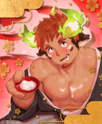 Rule 34 | 1boy, animal ears, bara, bare pectorals, black kimono, blush, brown eyes, brown hair, chinese zodiac, cow boy, cow ears, cow horns, cup, dark-skinned male, dark skin, drooling, facial hair, fiery horns, food on body, forked eyebrows, glowing horns, goatee, hakama, hakama pants, head tilt, highres, horns, japanese clothes, kimono, kurosabi, long sideburns, looking at viewer, male focus, milk, mouth drool, muscular, muscular male, nipples, off shoulder, pants, pectorals, sakazuki, short hair, sideburns, single bare shoulder, smile, solo, spiked hair, suggestive fluid, thick eyebrows, tokyo houkago summoners, wakan tanka, year of the ox