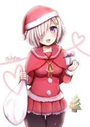 Rule 34 | 1girl, :d, alternate costume, blue eyes, blush, box, capelet, christmas, christmas tree, dress, gift, gift box, hair ornament, hair over one eye, hairclip, hamakaze (kancolle), hat, highres, kantai collection, looking at viewer, mazeru (jisjifin), open mouth, pantyhose, red dress, sack, santa costume, santa hat, short hair, silver hair, smile, solo, twitter username