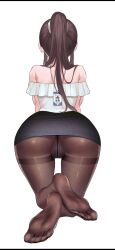 Rule 34 | 1girl, all fours, arched back, armpit crease, artist request, ass, ass focus, bare shoulders, black skirt, breasts, brown hair, brown pantyhose, check artist, commission, feet, frilled shirt, frills, from behind, gusset, highres, huge ass, id card, kkam-sang, large breasts, legs, long hair, miniskirt, no shoes, off-shoulder shirt, off shoulder, original, panties, panties under pantyhose, pantyhose, pencil skirt, ponytail, second-party source, shirt, sidelocks, skirt, soles, solo, thighband pantyhose, thighs, toes, underwear, white shirt