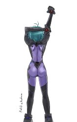 Rule 34 | 1girl, artist name, ass, black gloves, blue hair, bodysuit, fortified suit, from behind, gloves, highres, jun (rellik &amp; redrum), muv-luv, muv-luv alternative, pilot suit, purple bodysuit, short hair, skin tight, solo, stretching, white background, yoroi mikoto