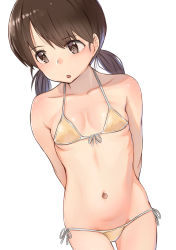 Rule 34 | 1girl, :o, arms behind back, bikini, blush, breasts, brown eyes, brown hair, groin, highres, kabayaki namazu, kantai collection, long hair, low twintails, navel, open mouth, parted bangs, shirayuki (kancolle), simple background, small breasts, solo, swimsuit, twintails, white background, yellow bikini
