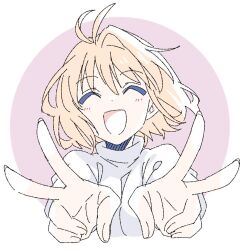 Rule 34 | 1girl, arcueid brunestud, blonde hair, closed eyes, double v, happy, open mouth, pink background, solo, suzuakks, sweater, tsukihime, upper body, v, white background, white sweater