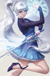 Rule 34 | 1girl, blue eyes, cropped jacket, dress, earrings, high collar, high heels, highres, holding, holding sword, holding weapon, jewelry, long hair, long sleeves, looking at viewer, magic circle, myrtenaster, necklace, parted lips, pendant, petticoat, ponytail, rapier, realistic, rwby, scar, scar across eye, scar on face, side ponytail, solo, stanley lau, sword, thighs, tiara, very long hair, weapon, weiss schnee, white dress, white hair