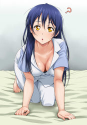 Rule 34 | 10s, 1girl, :o, ?, all fours, alternate costume, barefoot, bed, bed sheet, blue hair, breasts, cleavage, collarbone, downblouse, long hair, looking at viewer, love live!, love live! school idol project, nigou, open mouth, pajamas, solo, sonoda umi, sweat, yellow eyes