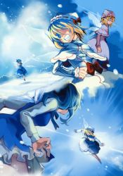 Rule 34 | 2girls, absurdres, battle, blonde hair, blue eyes, blue hair, bow, cat.lqe, catlqe, cirno, comic, hair bow, hakoiri nekohime, hat, highres, huge filesize, lily white, multiple girls, perfect cherry blossom, scan, short hair, silent comic, snow, touhou, wings