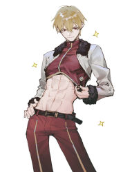 Rule 34 | 1boy, abs, belt, blonde hair, commentary request, cowboy shot, crop top, fate/grand order, fate/hollow ataraxia, fate (series), gilgamesh (fate), hand on own hip, jacket, long sleeves, looking at viewer, male focus, nunok, official alternate costume, pants, parted lips, red eyes, red pants, red shirt, shirt, short hair, shrug (clothing), simple background, smile, solo, sparkle, white background, white jacket