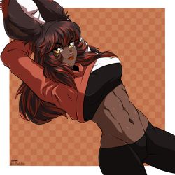 Rule 34 | 1girl, abs, absurdres, animal ears, arms up, warrior of light (ff14), border, breasts, brown eyes, brown hair, cowboy shot, crop top, cropped hoodie, dark-skinned female, dark skin, dutch angle, final fantasy, final fantasy xiv, highres, hood, hoodie, ishmi, large breasts, lips, looking at viewer, multicolored hair, navel, outside border, rabbit ears, solo, toned, two-tone hair, viera, white border
