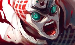 Rule 34 | 1other, angry, artist name, blurry, blurry foreground, green eyes, highres, ibuo (ibukht1015), jojo no kimyou na bouken, king crimson (stand), open mouth, shouting, solo, stand (jojo), teeth, tongue, upper body, vento aureo
